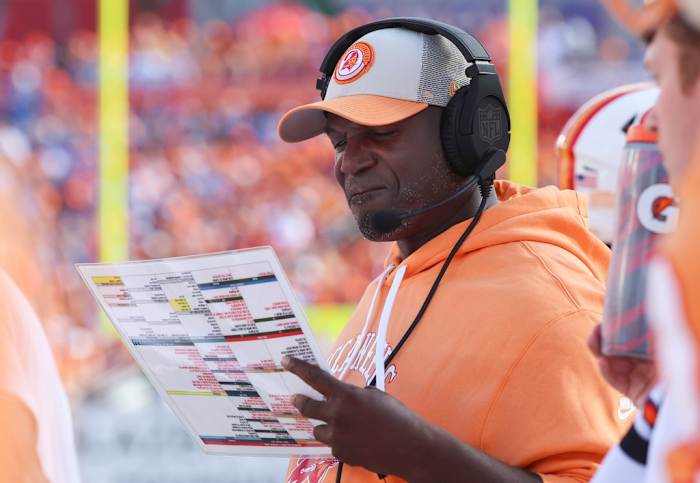 Tampa Bay Buccaneers head coach Todd Bowles against the Detroit Lions during the first quarter at Raymond James Stadium.
